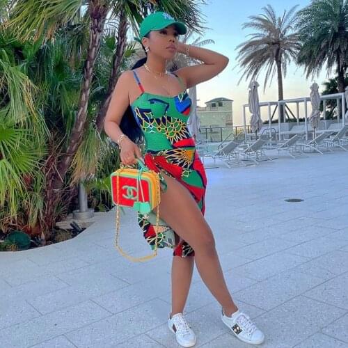 Printing Split Slip Dress Skinny Summer Low-Cut Hip-Lifting Lace-Up Tight-Fitting Elastic One-Piece For Beach Sea Jumper Skrit