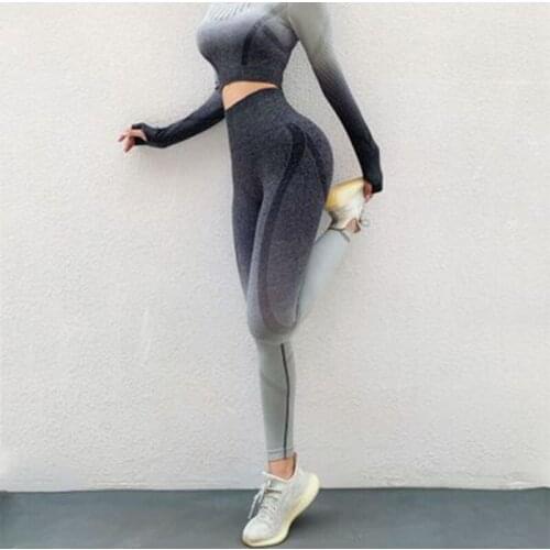 SALSPOR 2Pcs Sets Women Fitness Seamless Ombre Long Sleeve Push Up Quick Dry Leggings Sports Running Workout Tight Gym Tracksuit