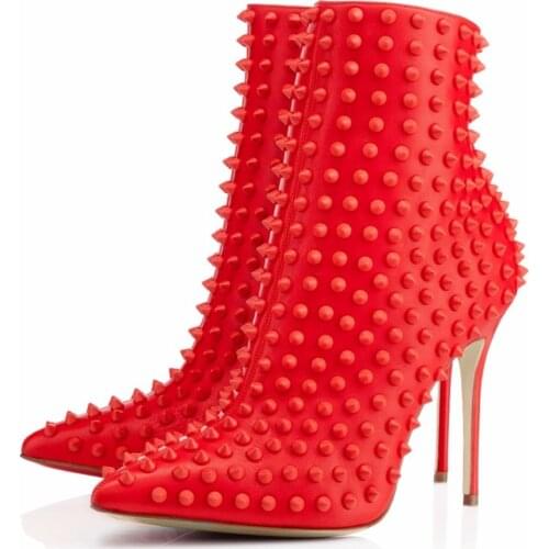 Studded Designer Red Black Rivets Ankle Boots Women Pointy Toe Autum Winter Thin High Heel Winter Booties Plus Size 45