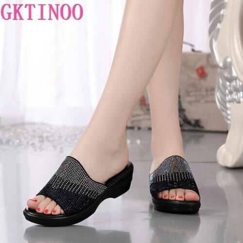 GKTINOO Slippers Woman Rhinestone Genuine Leather Summer Shoes Fashion Wedges Heels Sandals Womens Slides Large Size 41