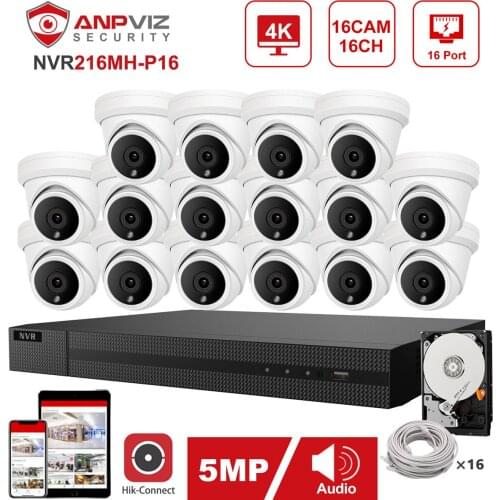 Hikvision OEM 16CH 4K NVR Anpviz 5MP POE IP Camera System Indoor/Outdoor 16pcs Turret IP Camera Security System IP66 30m P2P