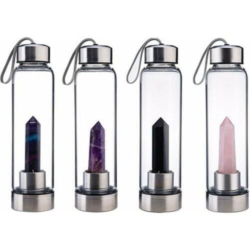 Natural Quartz Gemstone Glass Water Bottle Direct Drinking Cup Glass Crystal Obelisk Wand Healing Wand Bottle with Rope 2021 new