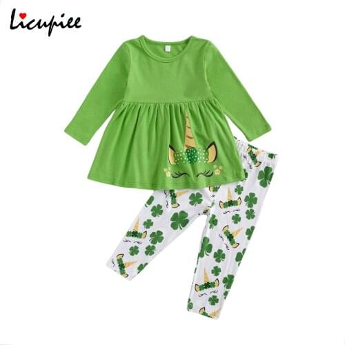 Girls 2pcs Clothes Set Long Sleeve Ruffled Hem Tops with Lovely Animal Pattern Clover Printed Elastic Long Pants 2-7 Year