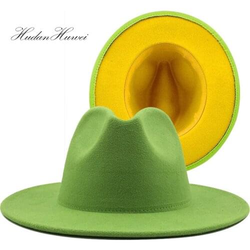 Hot Sell Woolen Felt Fedora Hat Jazz Panama Lime Green Yellow Patchwork Women Men Cotton Wide Brim Hat