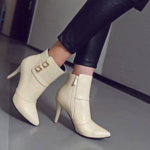 Ladies High-Heeled Ankle Boots Fashion Metal Buckle Womens Boots Autumn Winter Zipper Womens Shoes