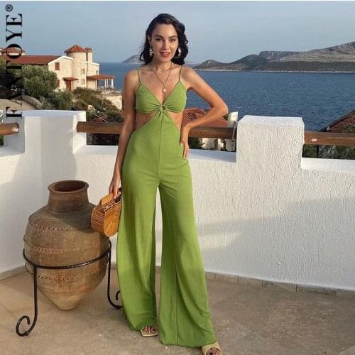 Fantoye New Backless Spaghetti Strap Women Jumpsuits Green Sexy Off Shoulder Long Pants Ladies Summer Casual Fashion Streetwear