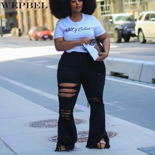 WEPBEL Fat Women Tassel Ripped Jeans Ladies Mid Waist Denim Pants Trousers for Women Flare Hole Skinny Jeans