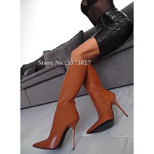 New Winter Leather Lady Knee High Boots Fashion Pointed Toe Stiletto Heel Women Long Boots Large Size Dropship Dress Shoes