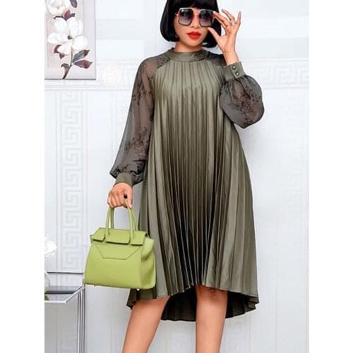 Female Loose Pleated Dresses Long Printed Sleeve Pleated Knee Length Chiffon Dresses Women for Party Birthday Date Summer Autumn