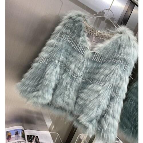 Winter Personality Beaded Fashion Women Real Fur Jacket Female White Raccoon Fur Strip Tassel Jacket