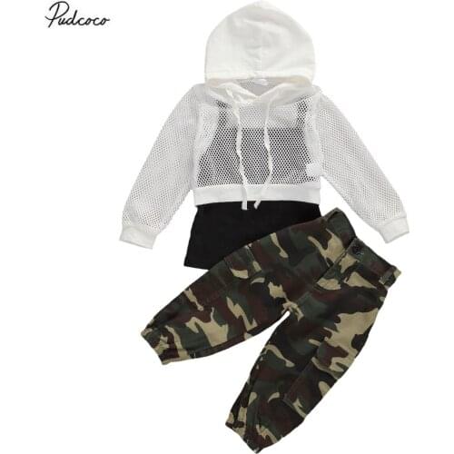 2020 Summer Baby Girl Sport Clothes 3pcs Black Vest+Mesh Long Sleeve Hooded Tops+Camouflage Long Pants Kids Outfits