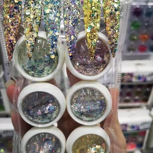 6 Box/Set Hexagon Nail Glitter Powder Sequins 3D Gold Silver Colorful Champagne Glitter Flakes For Manicure Chunky Sequins PT