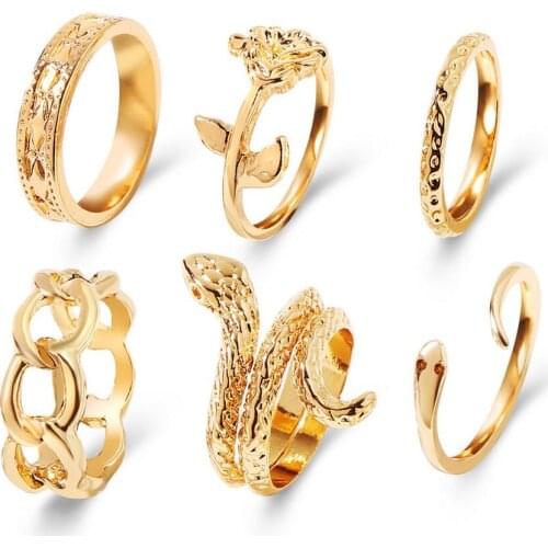 6pcs Set Metal Joint Ring Creative Personality Snake-shaped Rose Chain Ring European And American Ftyle Fashion Ring