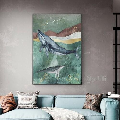Abstract Sea Wave Whale Green Painting Prints On Canvas Art Wall Home Decor
