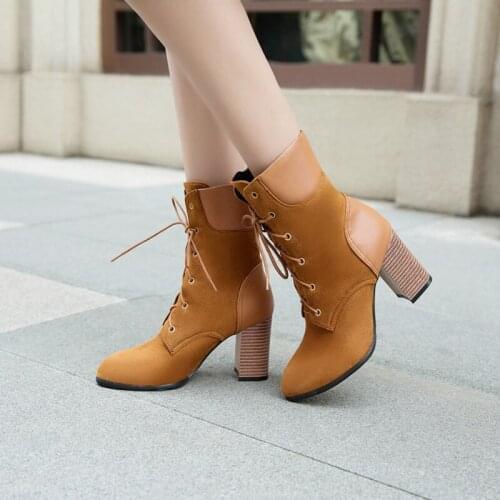 BLXQPYT Winter Boots 33-48 Size New Round Toe Buckle Boots for Women Sexy Ankle Heels 8cm Fashion Shoes Casual Zip Snow T9-1