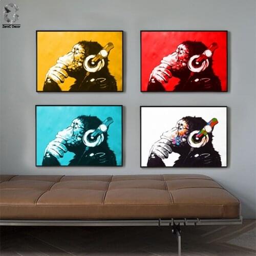 Large Animal Picture Canvas Printed Painting Modern Funny Thinking Monkey with Headphone Wall Art Poster for Living Room Decor