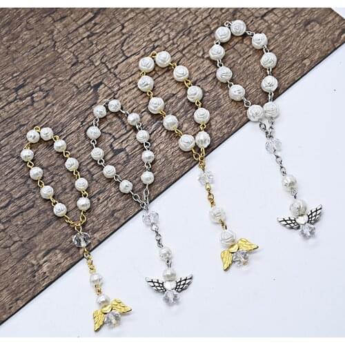 Angel Wings Baptism Rosary Bracelets Gold Silver Color Rose Flower Beads String Chain Bracelet Religous Prayer Souvenir Jewelry