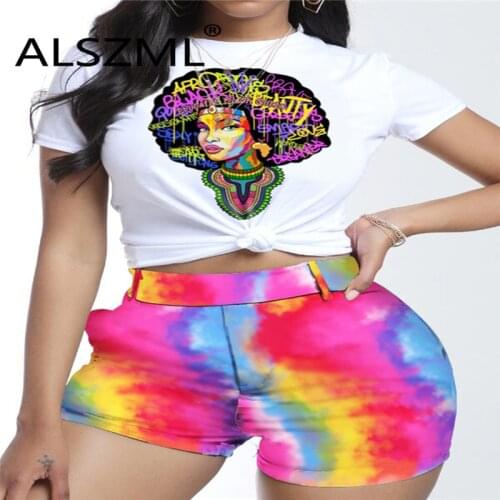 European Trend Women Set Print Casual Tee Tops And Shorts Set Summer Casual Slim Tracksuits