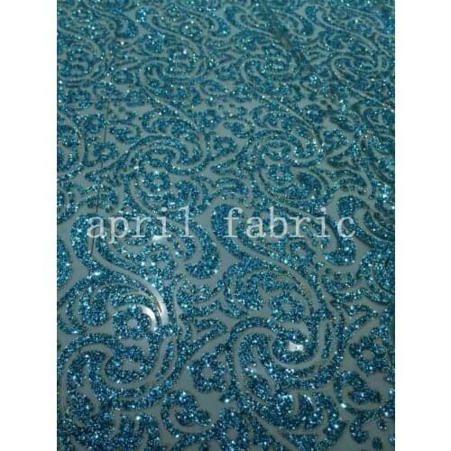 Hh006 african glued glitter blue gold luxury fancy shining sequin fabric for sawing /lady dress fast shipping
