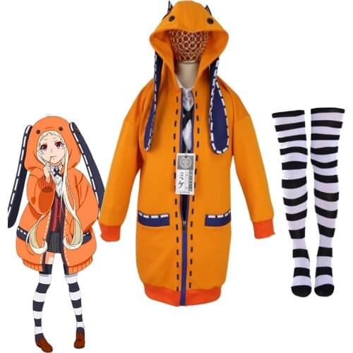 Anime Cosplay Costume Yomoduki Runa Cosplay Costume Girls Women Orange Coat Hoodies Zip Jacket Coat Clothing striped socks Badge