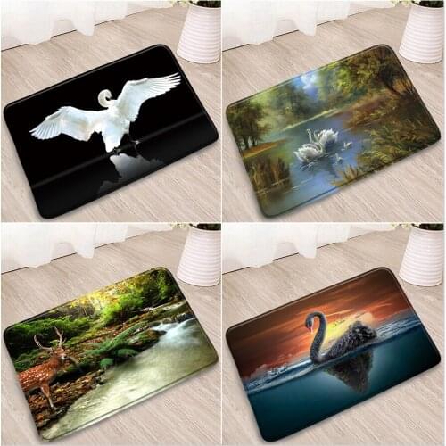 Swan Bedroom Mats Dinosaur Wolf Elk Doorway Welcome Carpets Bathroom Kitchen Flannel Absorbent Non-Slip Rugs Washable Home Decor