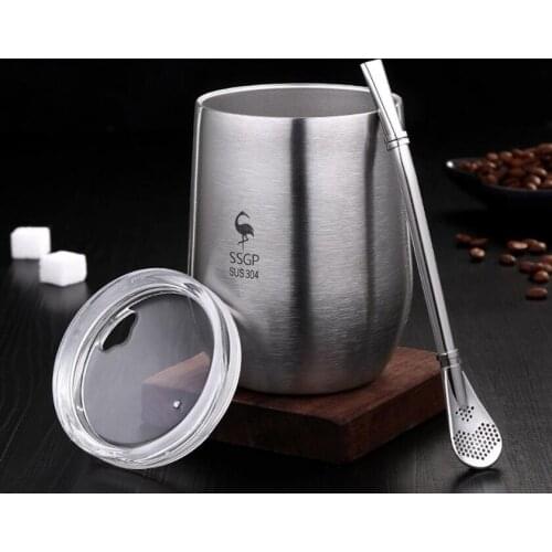 Double Wall 304 Stainless Steel Cup Tea Mug With Lid Heat Resistant Portable Beer Cup With Spoon Straw