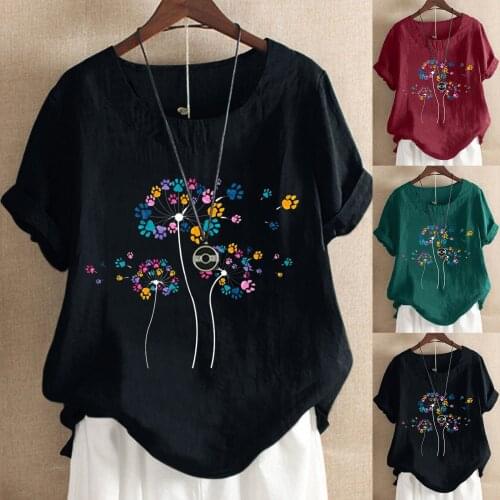 SAGACE New hot fashion top womens round neck cotton linen short sleeve clothes 2021 dandelion print summer womens wear футболк
