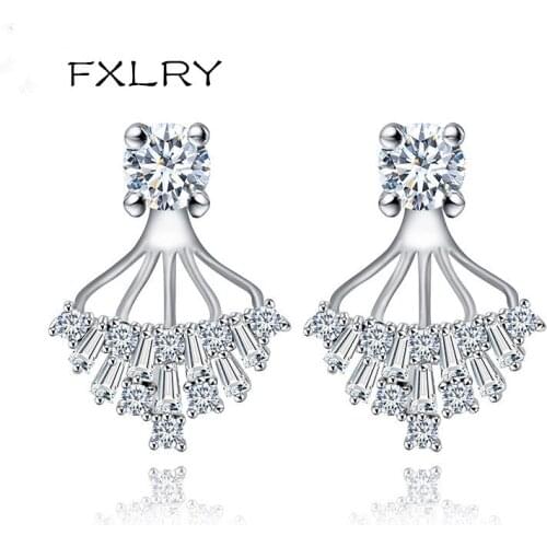FXLRY New Arrived Elegant White Color Out micro paved Zircon Geometrical Stud Earrings For Women Fashion Jewelry Accessories