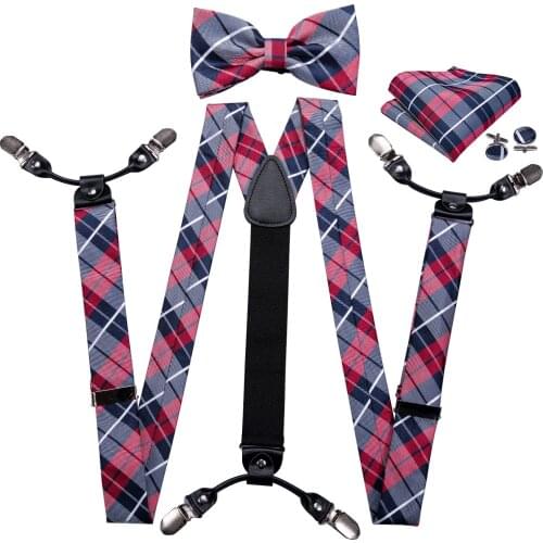 New Arrival Mens Suspenders Tartan Adjustable Y-Back 6Braces Silk Bowtie Handky Men Suspenders Set Party Barry.Wang BB-2004