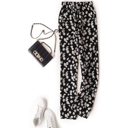 New Fashion Summer Cool Pants French Silk Tencel Womens Pants High Waist Slim Wide Leg Loose Pants Daisy Print With Pockets