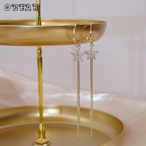 OBEAR 14K Real Gold Exquisite Star Zircon Long Tassel Chain Earrings for Women Temperament Party Jewelry Gift