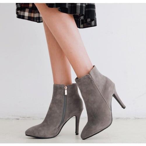 Autumn and winter short boots womens thin heel pointed high heels nude grey matte leather short boots single boot Nude shoes Ko