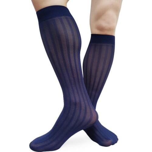 Striped Formal Mens Socks See Through Thin Sheer Knee High Transparent Male Business Wedding Hose Sexy Stocking Lingerie
