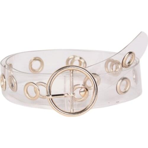 Womens Belts Fashion Design gold Metal round buckle belt clear Plastic PVC strap Transparent plastic Waist Belt for Women jeans