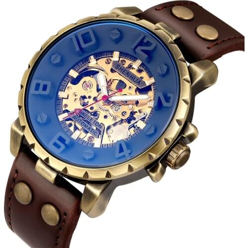 Luxury Brand Gold Automatic Mechanical Watch Men Unique Glass Leather Stainless Steel Strap Steam Skeleton Male Clock Sports