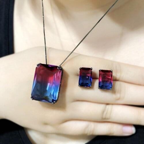 Luxury Geometric Jewelry Set Multicolor Big Pendant Necklace Stud Earrings Crytal Stone Bridal Wedding Women Dubai Jewelry Sets