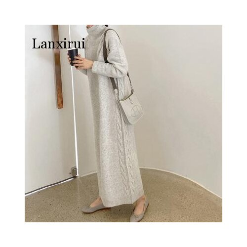 Turtleneck Full Sleeve Oversized Knit Dress Female Winter Vestidos Casual Thick Twisted Women Long Sweater Dress
