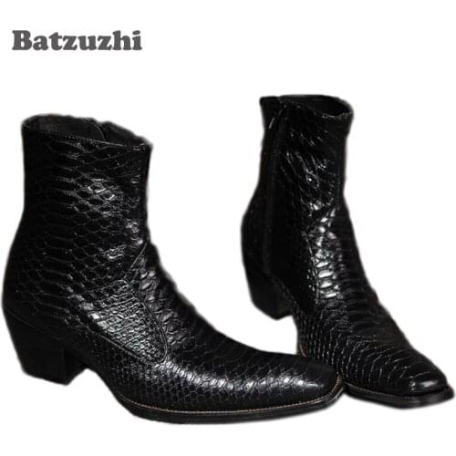 Batzuzhi Leather Mens Boots 6.5cm Heels Black Ankle Dress Boots for Men Fish Pattern Leather Handmade, Big Size EU38-46