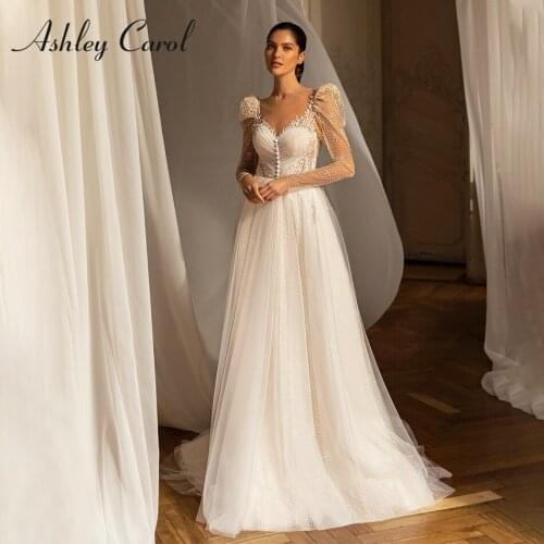 Ashley Carol A-Line Wedding Dress 2021 Delicate Beaded Sequined Lace Sweetheart Bride Long Sleeve Backless Princess Bridal Gown