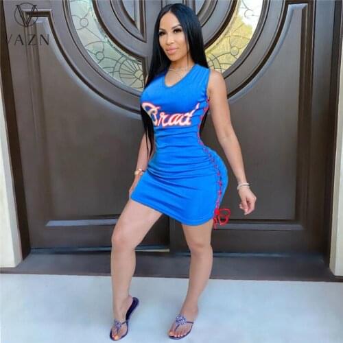 VAZN 2021 Summer Letter Simple Little Chap Sexy Club Cross Bandage Top Round Neck Tank Sleeve Women Thin Mini Dress