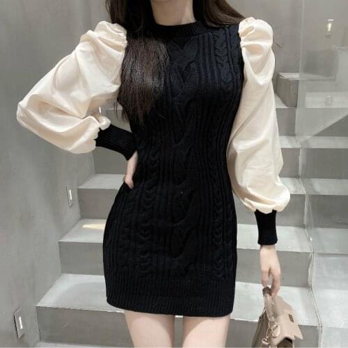 Slim Autumn Twist Sweater Dress Mini Bodycon Patchwork Hit Color O Neck Puff Sleeve Knitting Dresses Sexy Vestido De Mujer