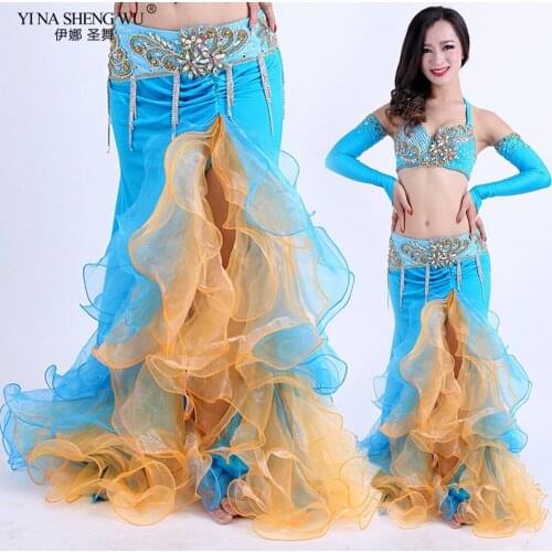 New Bellydance Costume Side Split Skirt Double Color Belly Dance Performance Long Ruffle Skirt Stage Clothing Wear Adult NO Belt