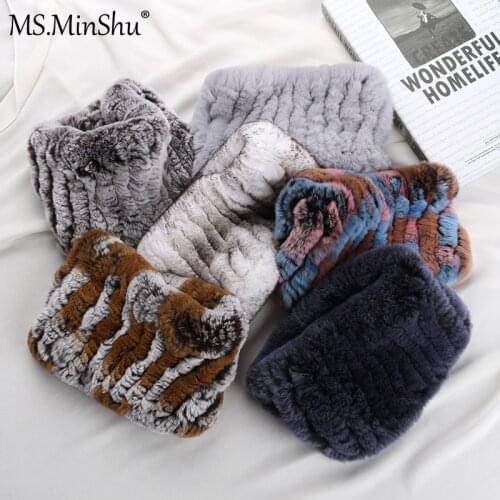 MS.MinShu Real Rex Rabbit Fur Ear Warmer Winter Elastic Neck Ring Women Rex Rabbit Headband Warmer Natural Fur Neck Ring
