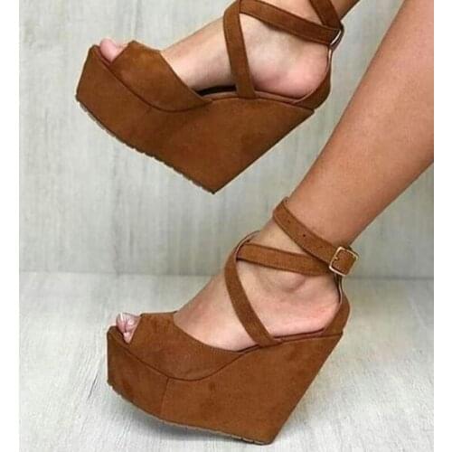 Moraima Snc Brown Suede Platform Wedge Sandal Summer Sexy Cross-tied Woman Shoes Cutouts Gladiator Sandal Runway Dress Heels