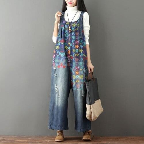 Womens Print Flower Pants Baggy Rompers Dungarees Overalls Denim Cotton Jumpsuit Pants Trousers with Pockets