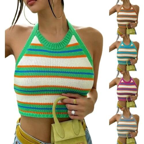 Womens Halter Neck Tank Tops Sexy Sleeveless Striped Print Tie Knot Back Knit Crop Tops