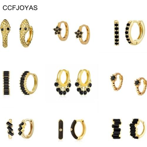 CCFJOYAS Black color Zircon 925 Sterling Silver Hoop Earrings Women Gold color Earrings Fashion Jewelry New Arrival Wholesale