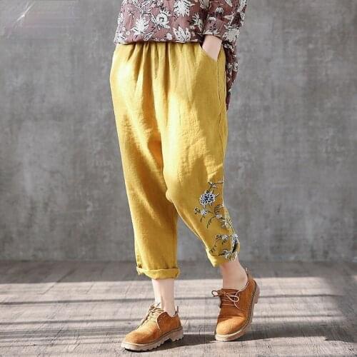 Casual Style Cotton Linen Harem Pants Women 2021 Spring Summer New Elastic Waist Embroidery Retro Loose Womens Trousers X78