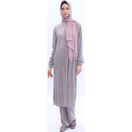 Spring Autumn Islamic Muslim Hijab Full Sleeve Side Split Long Top And Pants Set 2 Piece Dressy Womens Clothing Suit 2020