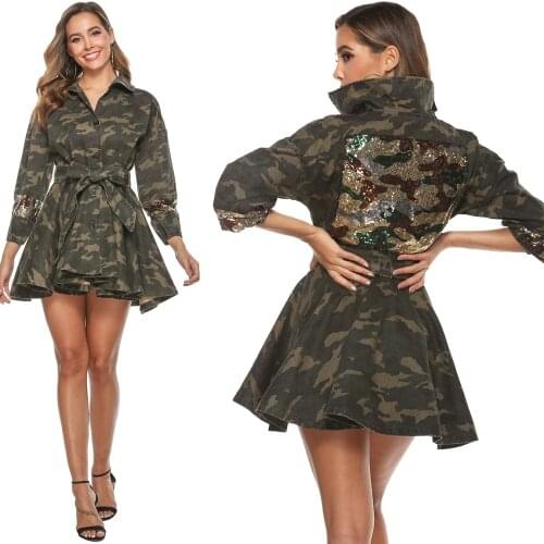 Fashion Casual Women Mini Dress Denim Streetwear Long Sleeve Sequin Patchwork Femme Robe Bandage Vestidos Camouflage Women Dress